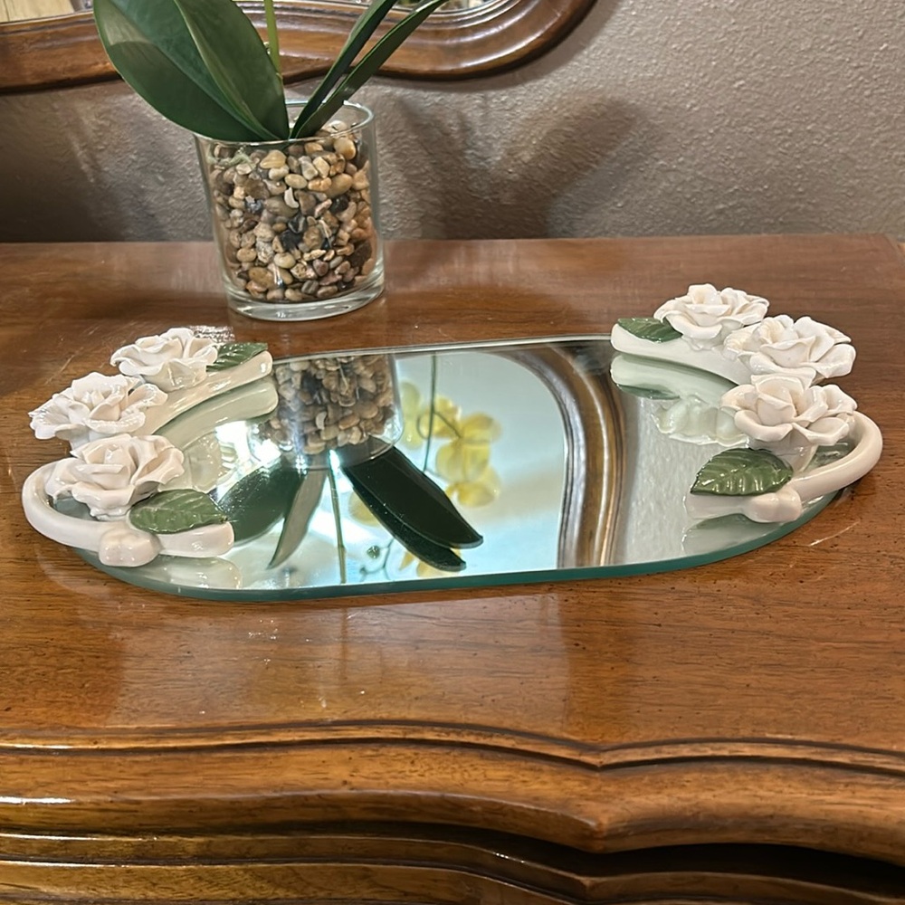 Vintage white floral mirrored tray